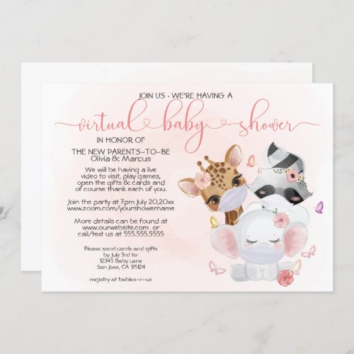 Pink Cute Animals in Masks Virtual Baby Shower Invitation