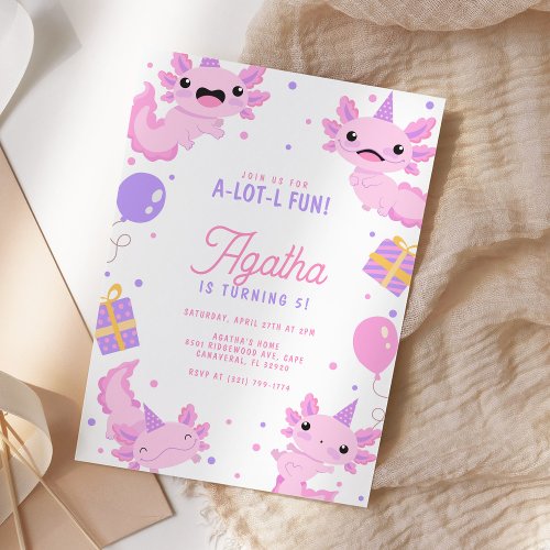 Pink Cute Axolotl Girl Birthday Invitation