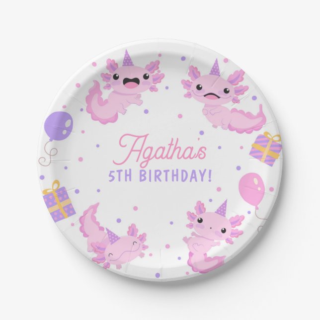 Pink Cute Axolotl Girl Birthday Paper Plates (Front)