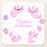 Pink Cute Axolotl Girl Birthday Square Paper Coaster<br><div class="desc">Add a splash of adorable to your celebration with our Pink Cute Axolotl Girl Birthday Square Paper Coaster! Perfect for keeping surfaces dry and spirits high at any party.</div>