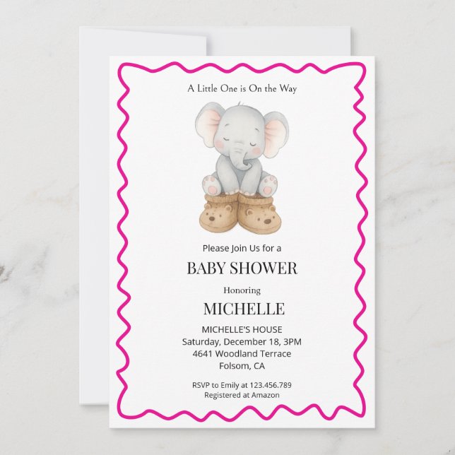 Pink Cute Baby Elephant Baby Shower Invitation  (Front)