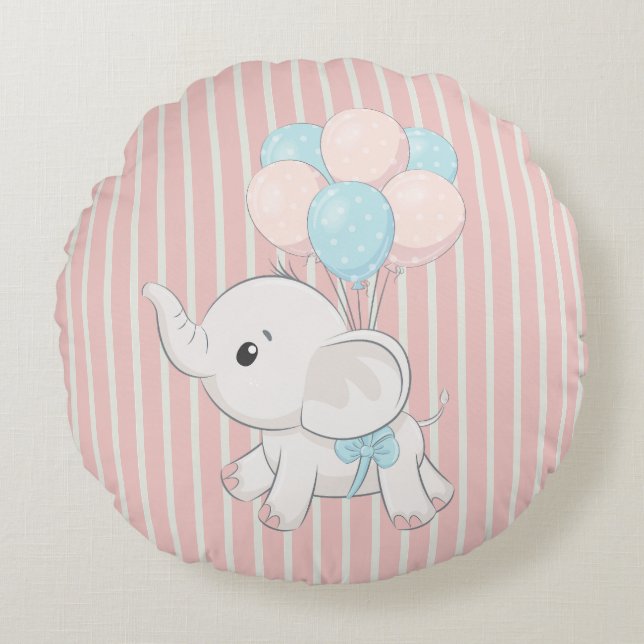 Pink, Cute baby elephant Round Pillow (Front)