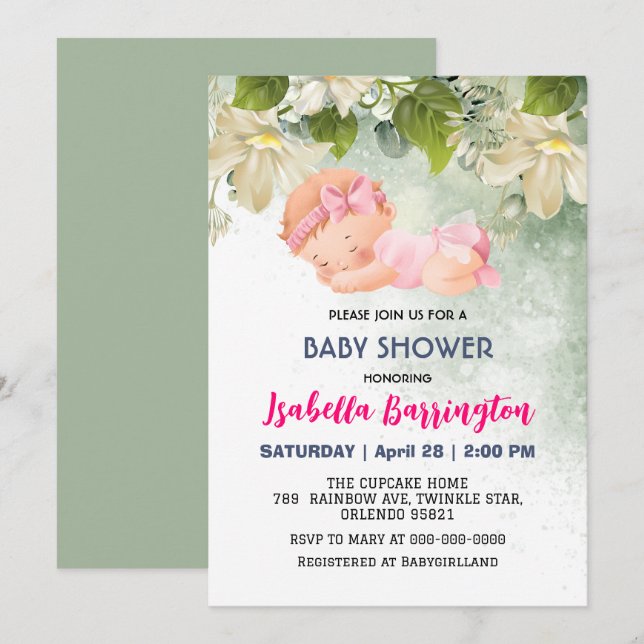 Pink Cute Baby Girl Daisy flowers baby shower kids Invitation (Front/Back)
