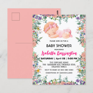 Pink Cute Baby Girl flowers baby shower kids Postcard