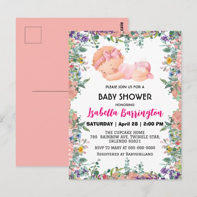 Pink Cute Baby Girl flowers baby shower kids Postcard (Front/Back)