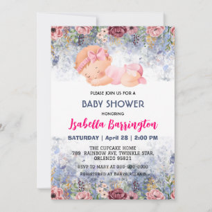 Pink Cute Baby Girl Rose flowers baby shower kids Invitation
