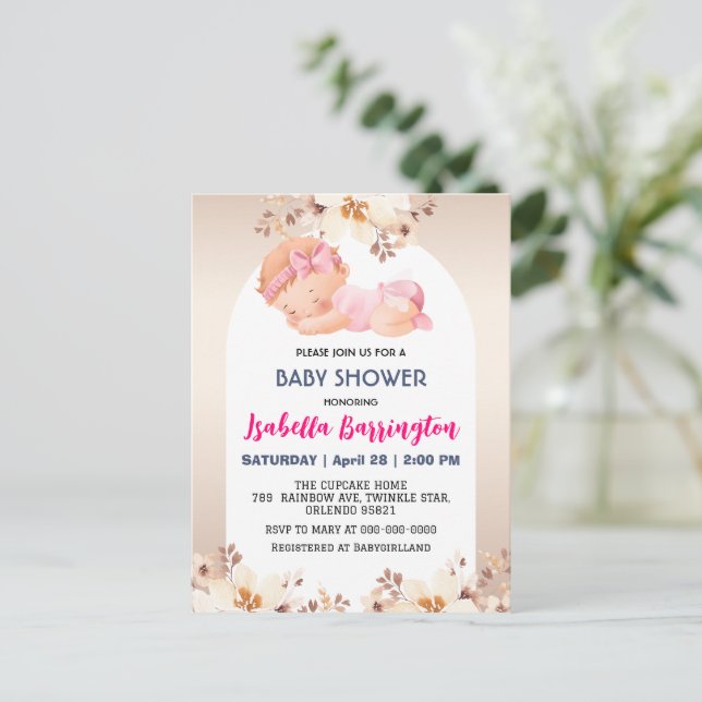 Pink Cute Baby Girl rose flowers baby shower kids Postcard (Standing Front)