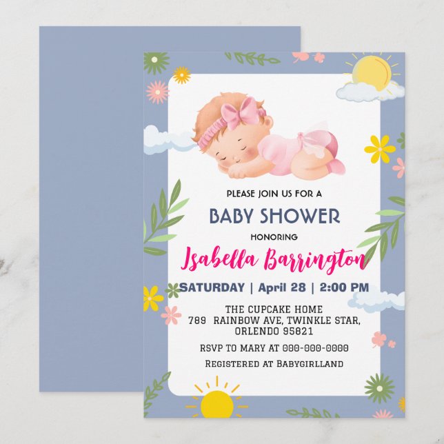 Pink Cute Baby Girl summer flowers baby shower kid Invitation (Front/Back)