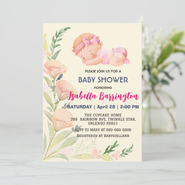 Pink Cute Baby Girl tulip flowers baby shower kid Invitation (Standing Front)