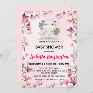 Pink Cute baby hippo flower floral baby shower kid Invitation