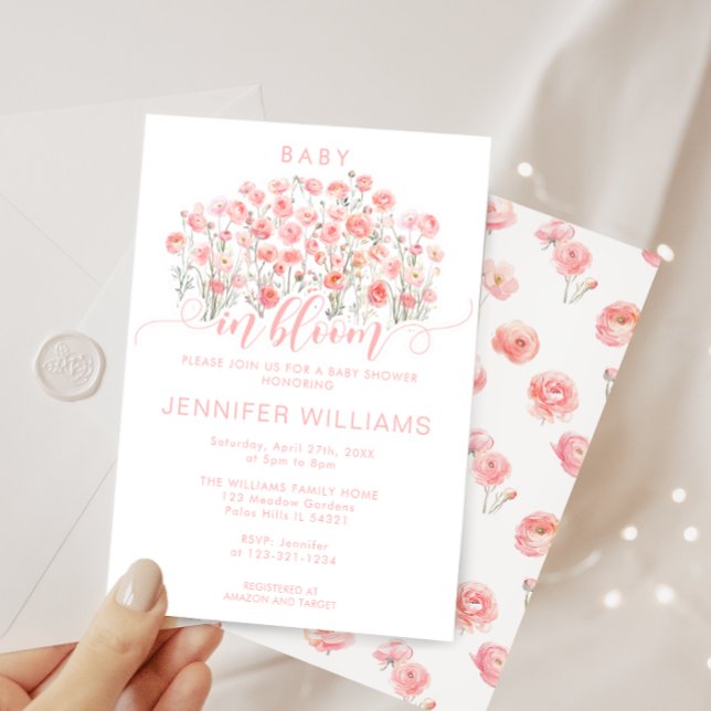 Pink Cute Baby in bloom Floral Baby Girl Shower Invitation (Creator Uploaded)