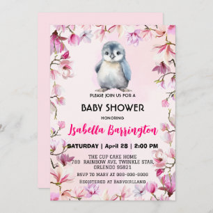 Pink Cute baby penguin flowers baby shower kids Invitation