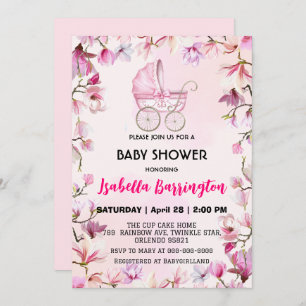 Pink Cute baby stroller flowers baby shower kids Invitation