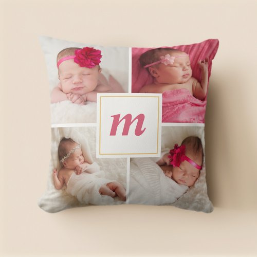 Pink Cute Babys First Christmas Monogram Photo  Throw Pillow