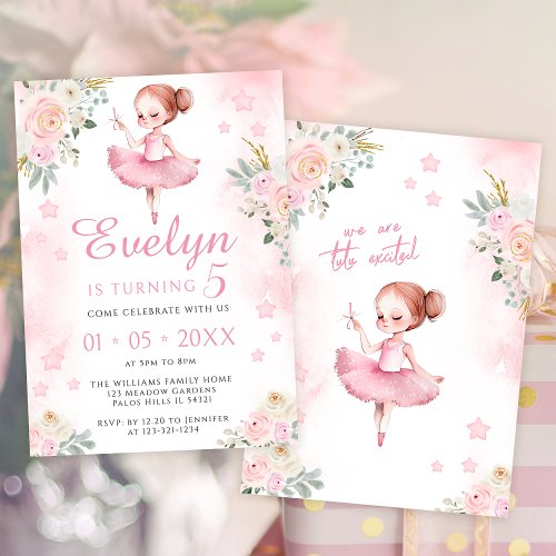 Pink cute ballerina birthday girl invitation