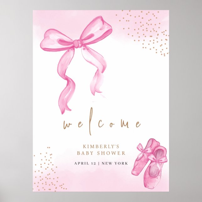 Pink Cute Ballerina Shoes Bow Welcome Baby Shower  Poster (Front)