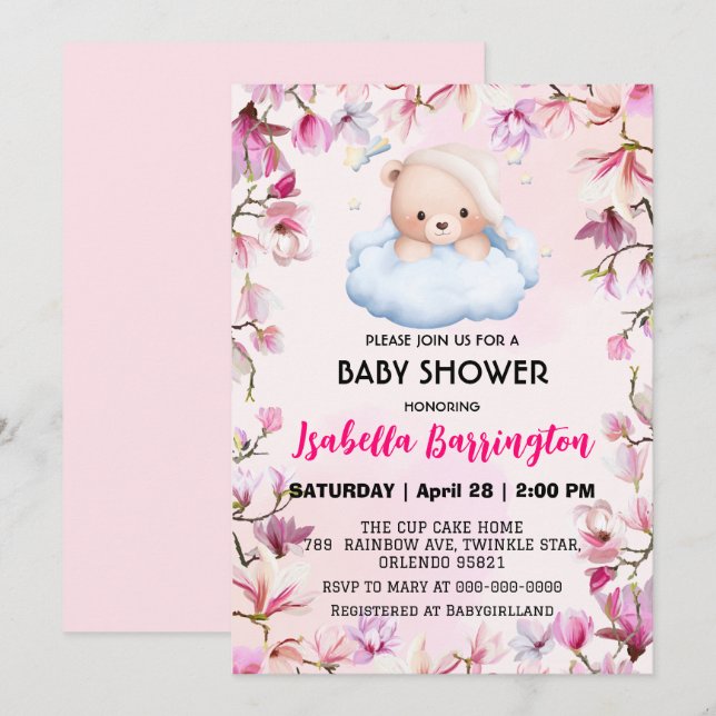 Pink Cute Bear pajamas flowers baby shower kids Invitation (Front/Back)