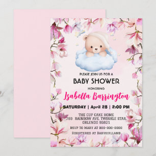 Pink Cute Bear pajamas flowers baby shower kids Invitation