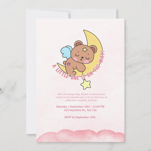 Pink Cute bear Watercolor Baby Shower Party  Invitation (Front)