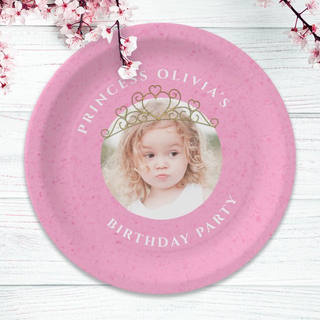 Pink Cute Birthday Photo Princess Tiara Simple Paper Plates (Creator Uploaded)