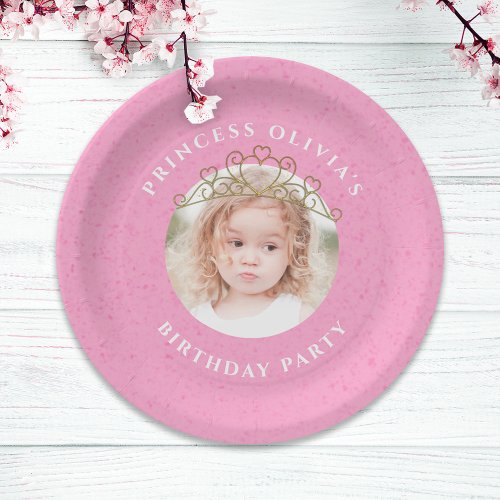 Pink Cute Birthday Photo Princess Tiara Simple Paper Plates