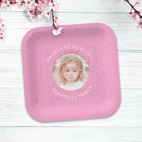 Pink Cute Birthday Photo Princess Tiara Simple Paper Plates