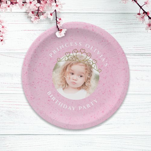 Pink Cute Birthday Photo Princess Tiara Simple Paper Plates