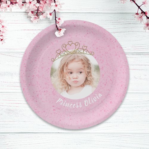 Pink Cute Birthday Photo Princess Tiara Simple Paper Plates