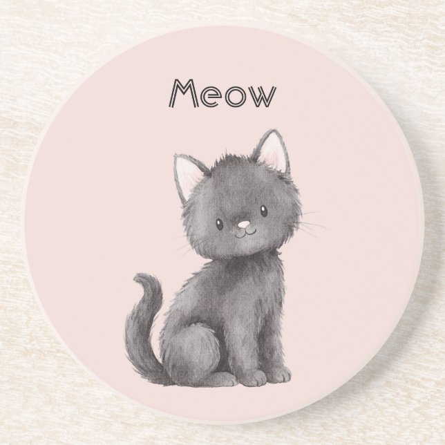 Pink Cute Black Kitty Cat  Coaster (Front)