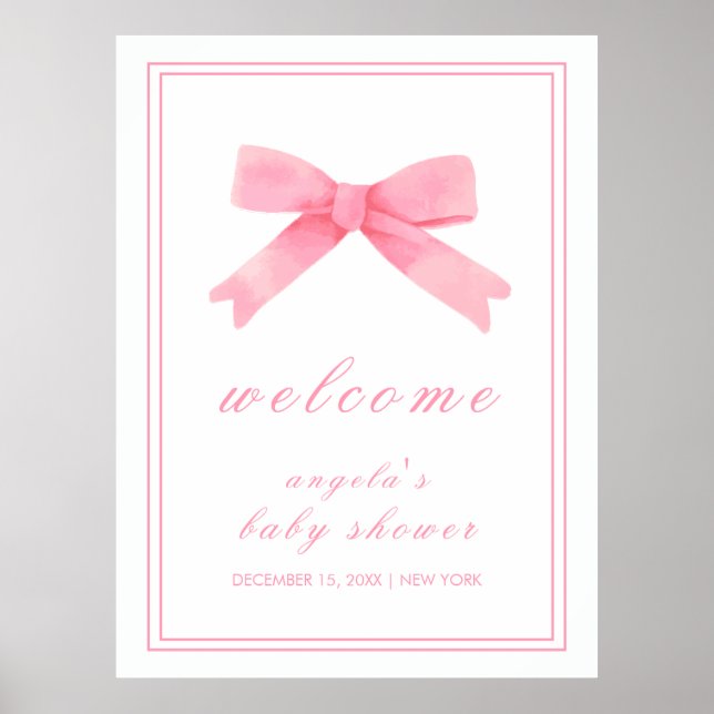Pink Cute Bow Girl Baby Shower Welcome Poster (Front)