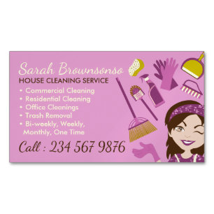 Pink Cute Broom Maid House Cleaning Service Business Card Magnet