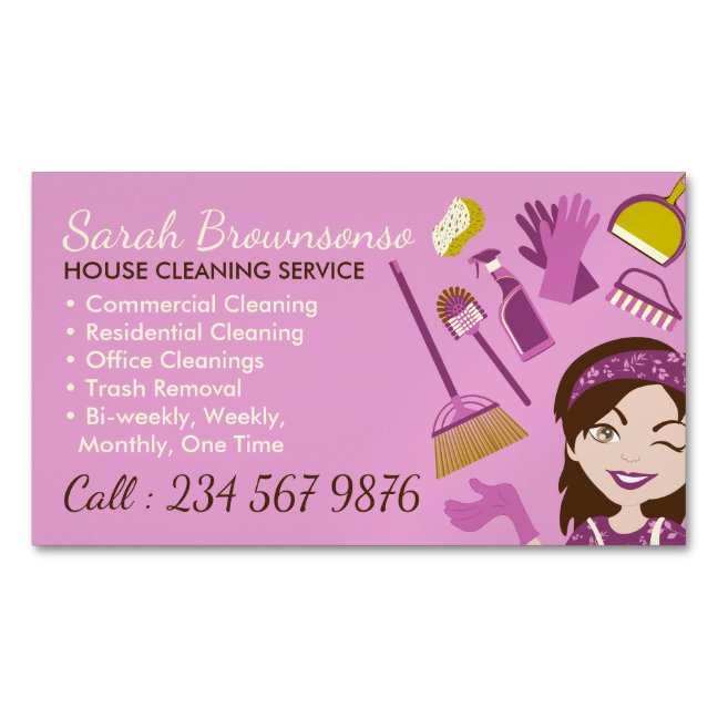 Pink Cute Broom Maid House Cleaning Service Business Card Magnet