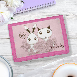 Pink Cute Bunny and Kitten Friends Forever Kids Trifold Wallet