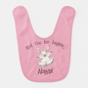 Pink Cute Bunny Personalized And the Fun Begins Baby Bib