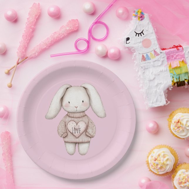 Pink Cute Bunny Pink Sweater Heart Baby Shower Paper Plates (Party)