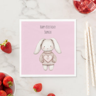 Pink Cute Bunny Pink Sweater Heart Birthday Napkins