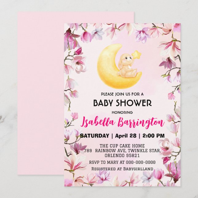 Pink Cute bunny rabbit flowers baby shower kids Invitation (Front/Back)