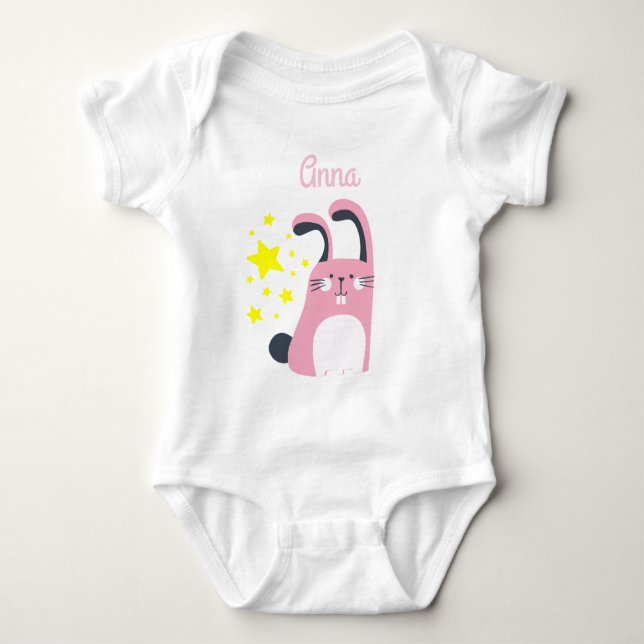 pink cute bunny with name and stars baby bodysuit (Front)