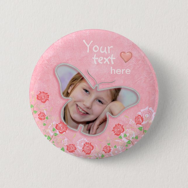 Pink cute butterfly photo frame gifts for girls button (Front)