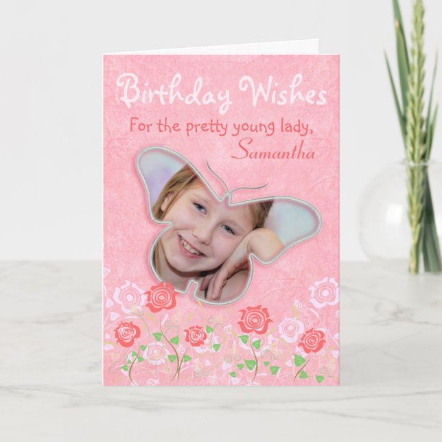 Pink cute butterfly photo frame gifts for girls card (Front)