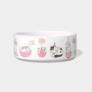 Pink cute cat with name bowl