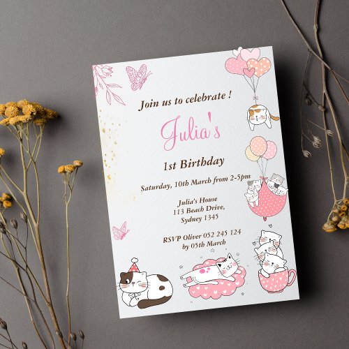 Pink Cute cats 1st birthday  Invitation