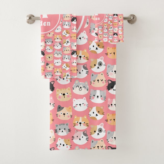 Pink Cute Cats Monogram Name  Bath Towel Set (Insitu)