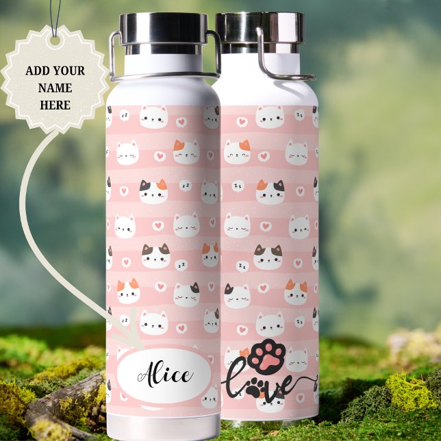 Pink Cute Cats Personalized Name Design Water Bottle (Pink Cute Cats Personalized Name Design Water Bottle)
