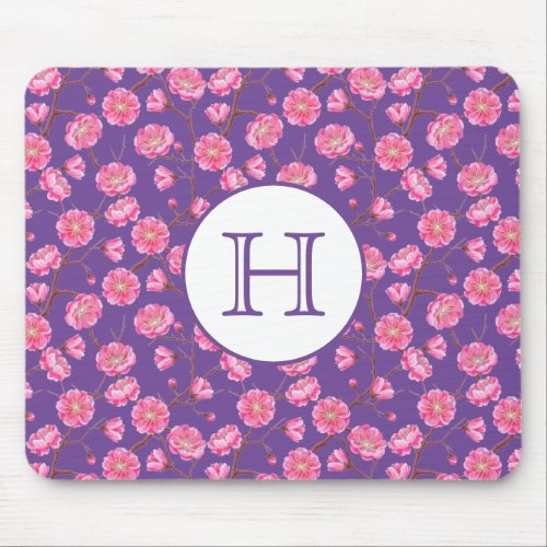 Pink cute cherry blossom purple monogram mouse pad