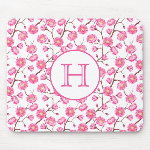 Pink cute cherry blossom white monogram mouse pad