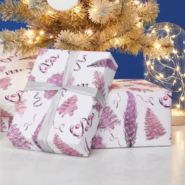 Pink Cute Christmas Chic Trees  Wrapping Paper (Holidays)