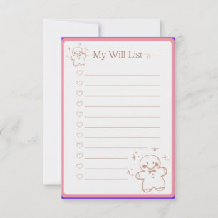 Pink Cute Christmas Wish List A4 Document Thank You Card
