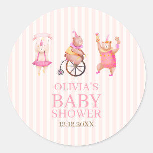 Pink Cute Circus Carnival Teddy Bear Baby Shower Classic Round Sticker