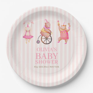Pink Cute Circus Carnival Teddy Bear Baby Shower  Paper Plates